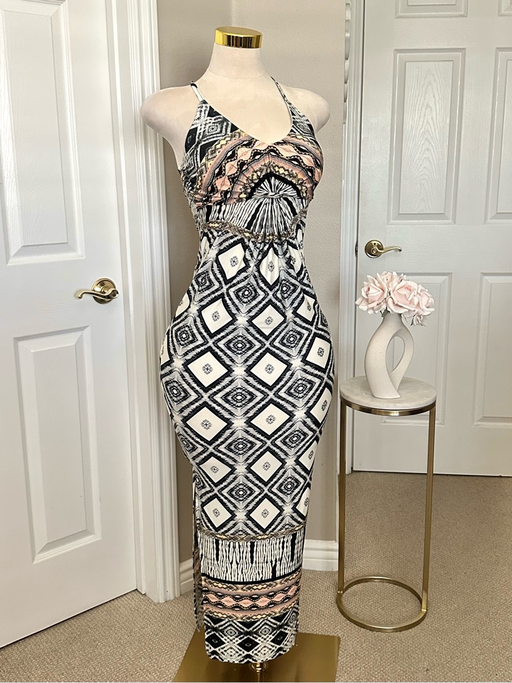 Fashion Nova Multicolor Racerback Geometric Maxi Dress w/ Side Slits Sz XS